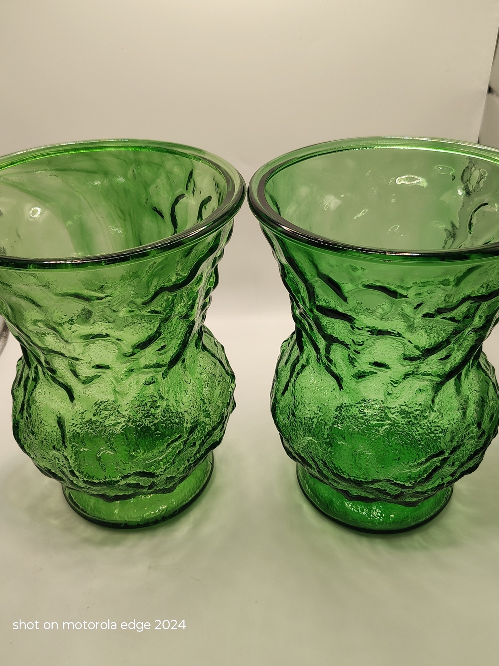 E.O. Brody Co. Emerald Green Crinkle Glass Vases - Pair MCM